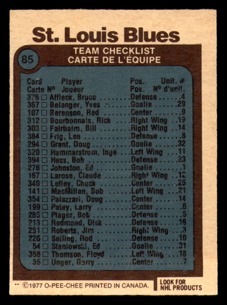 1977-78 O-Pee-Chee #85 Blues Team Near Mint 