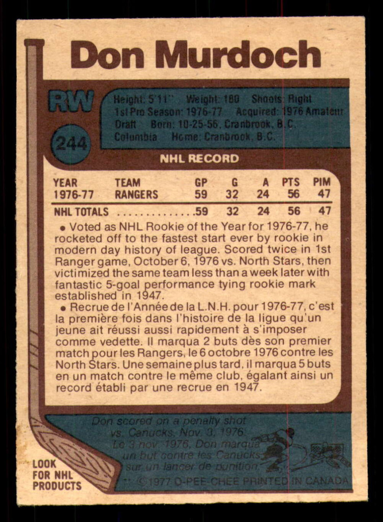 1977-78 O-Pee-Chee #244 Don Murdoch Ex-Mint RC Rookie 