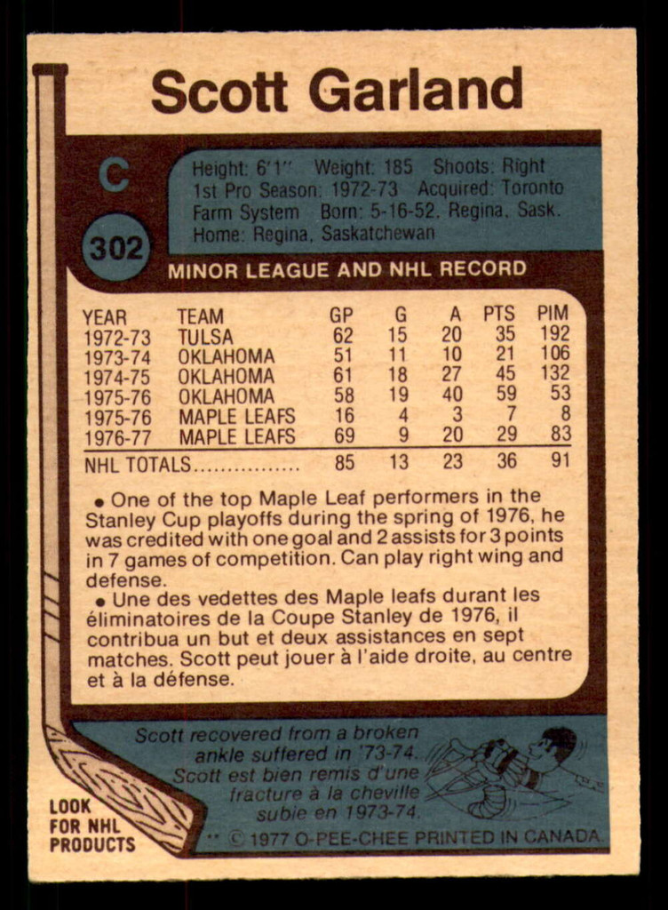 1977-78 O-Pee-Chee #302 Scott Garland Ex-Mint 