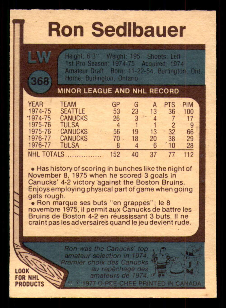 1977-78 O-Pee-Chee #368 Ron Sedlbauer Ex-Mint 