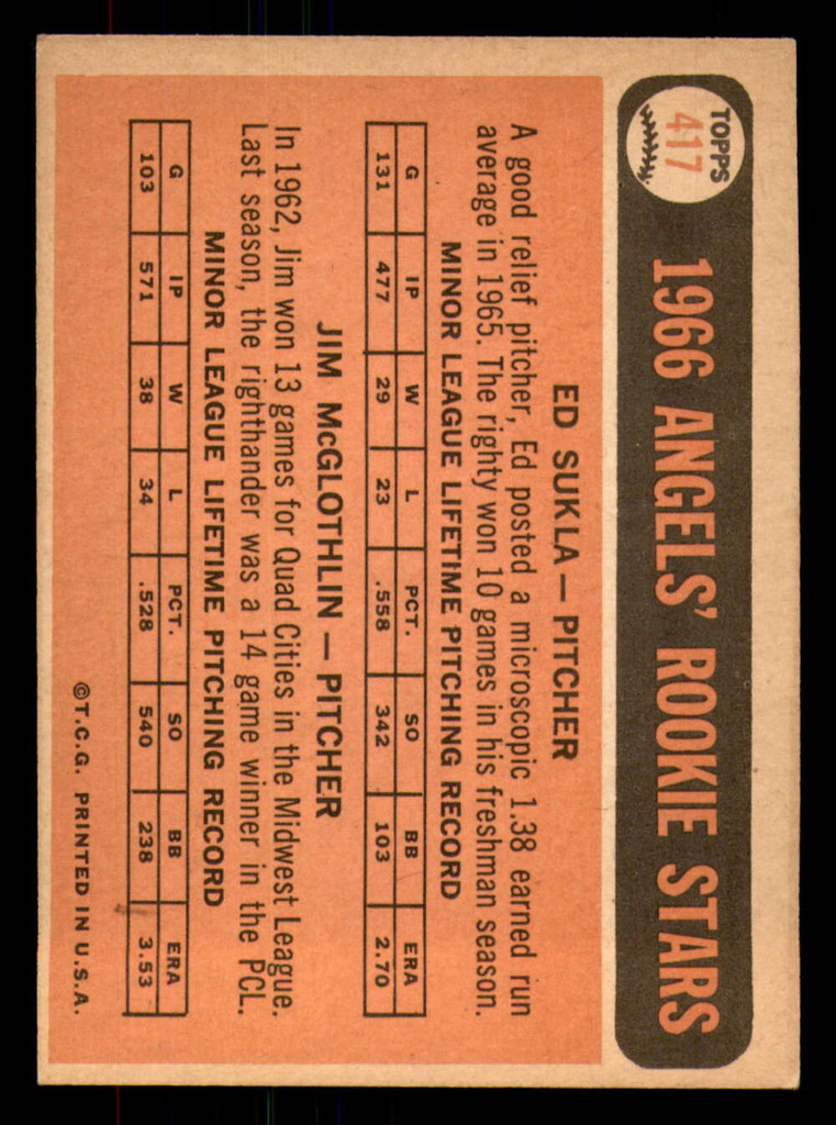 1966 Topps #417 Jim McGlothlin/Ed Sukla Angels Rookies Excellent+ RC Rookie  ID: 384233