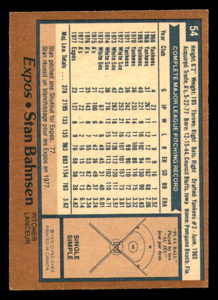 1978 O-Pee-Chee #54 Stan Bahnsen Very Good 