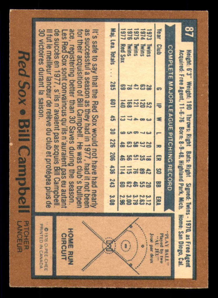 1978 O-Pee-Chee #87 Bill Campbell Ex-Mint  ID: 385231
