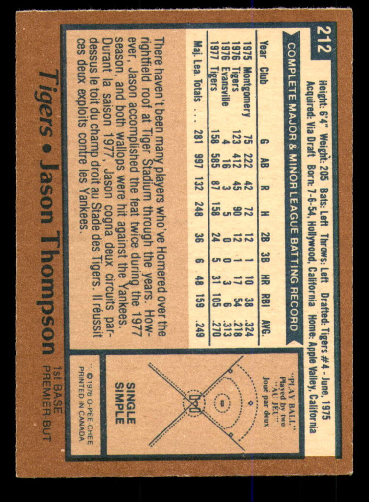 1978 O-Pee-Chee #212 Jason Thompson Ex-Mint 