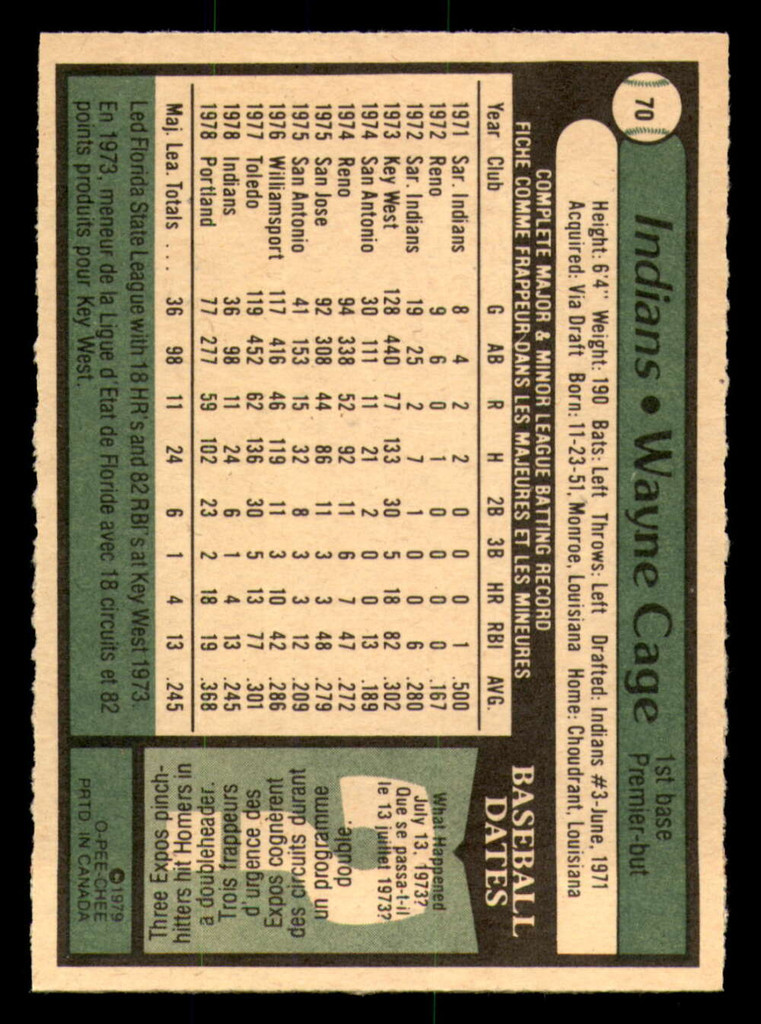1979 O-Pee-Chee #70 Wayne Cage Near Mint+  ID: 385597