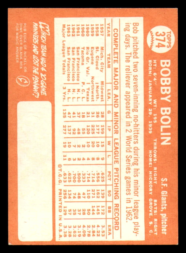 1964 Topps #374 Bobby Bolin Excellent+  ID: 386107