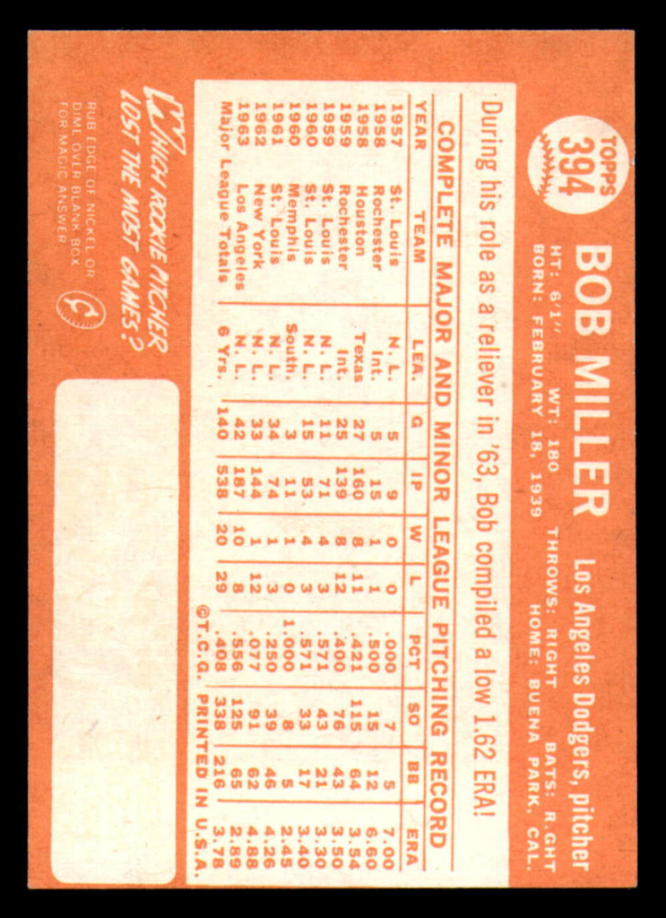 1964 Topps #394 Bob Miller Ex-Mint  ID: 386160