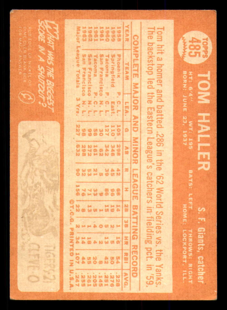 1964 Topps #485 Tom Haller Very Good  ID: 386410