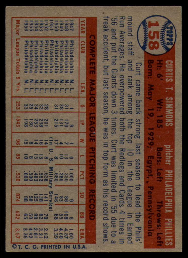 1957 Topps #158 Curt Simmons EX/NM ID: 60769