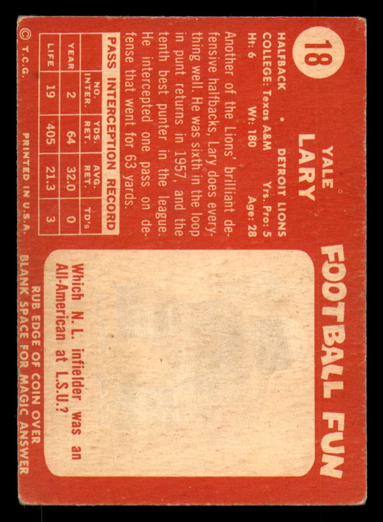 1958 Topps #18 Yale Lary Excellent  ID: 387267