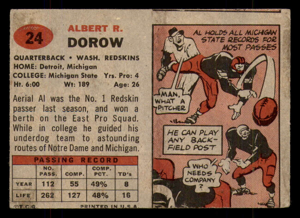 1957 Topps #24 Al Dorow Miscut Redskins ID:388129