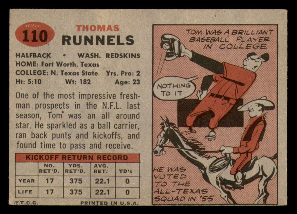 1957 Topps #110 Tom Runnels DP Excellent RC Rookie  ID: 388186