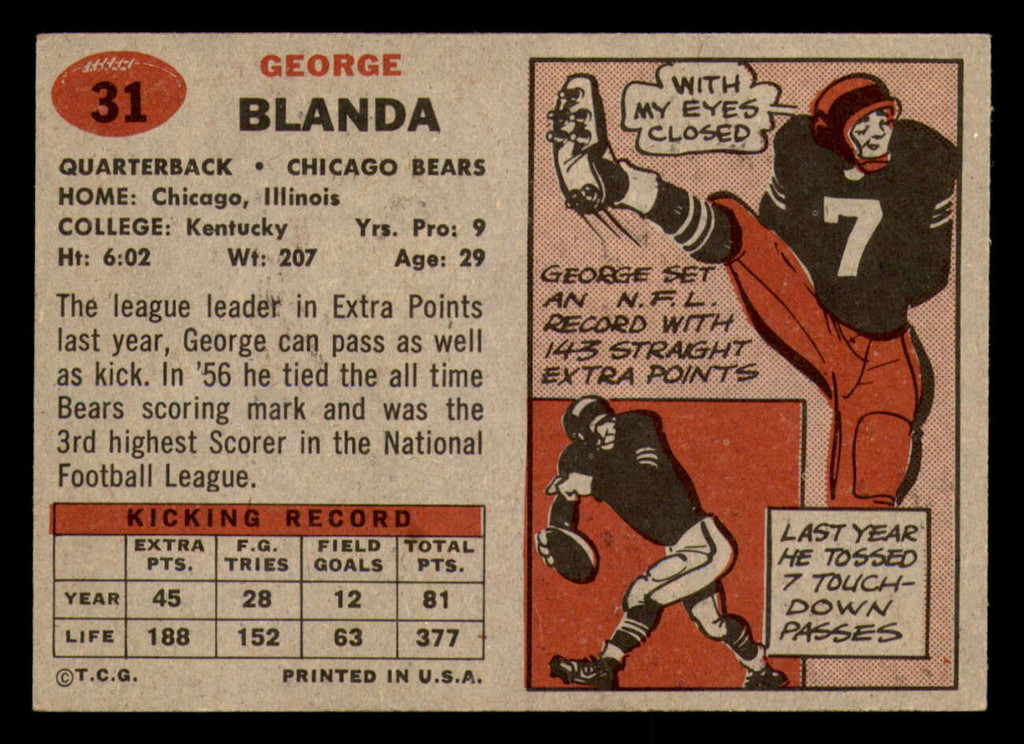 1957 Topps #31 George Blanda Excellent+  ID: 388216