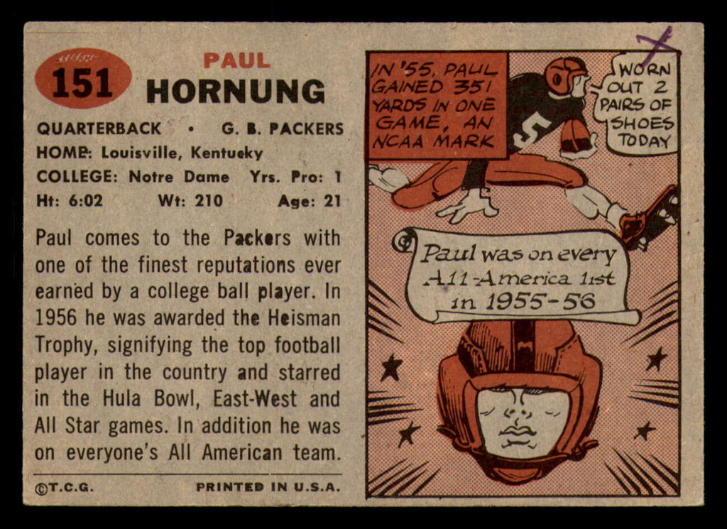 1957 Topps #151 Paul Hornung Writing on Back RC Rookie Packers No Crea 
