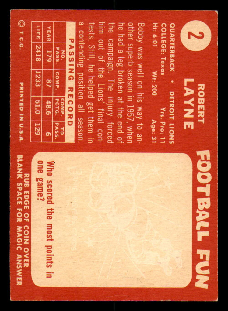 1958 Topps #2 Bobby Layne Ex-Mint  ID: 388235