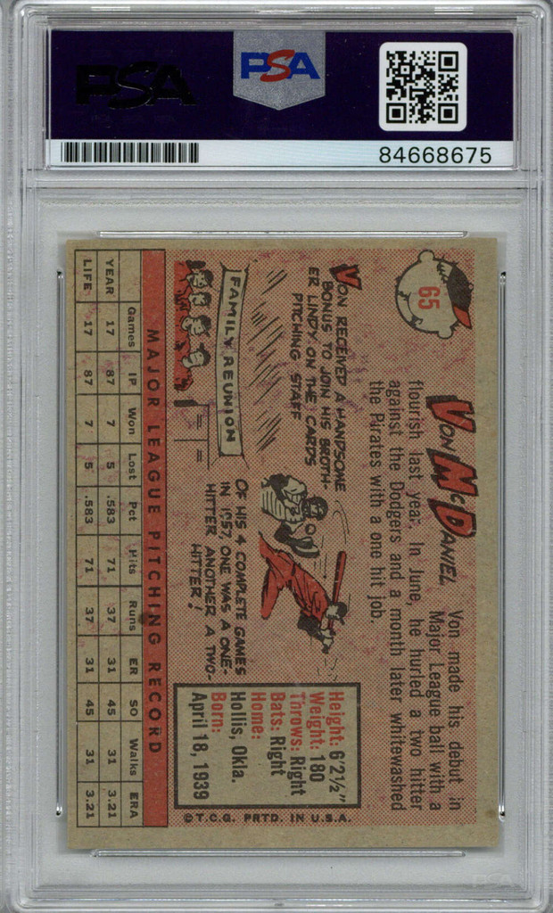 1958 Topps 65 Von McDaniel Signed Auto PSA/DNA Cardinals PSA 10 Gem Mint ID: 388307