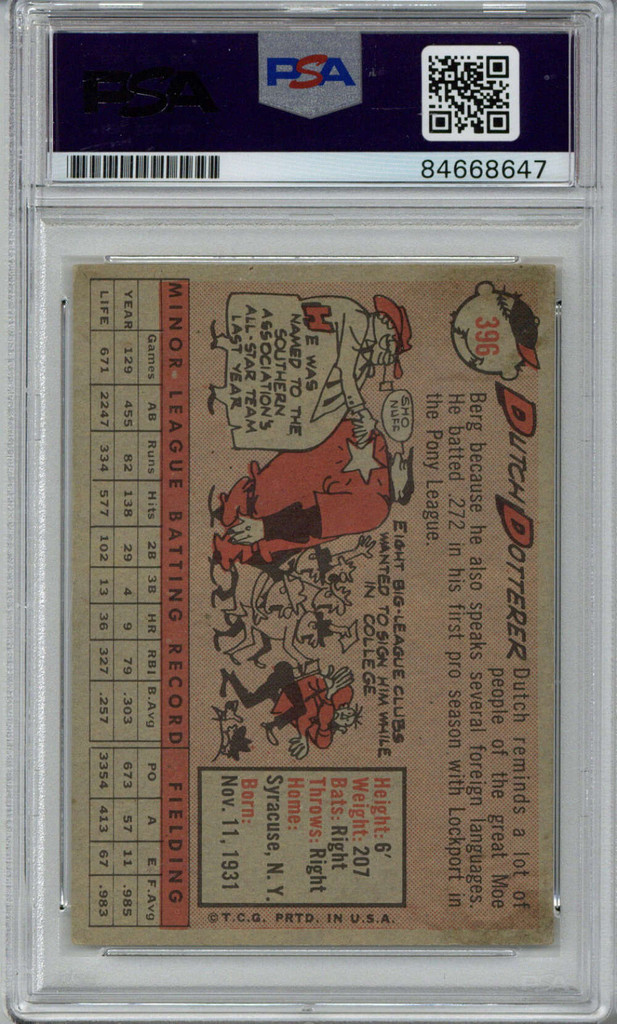 1958 Topps 396 Dutch Dotterer Signed Auto "Best Wishes" PSA/DNA Reds