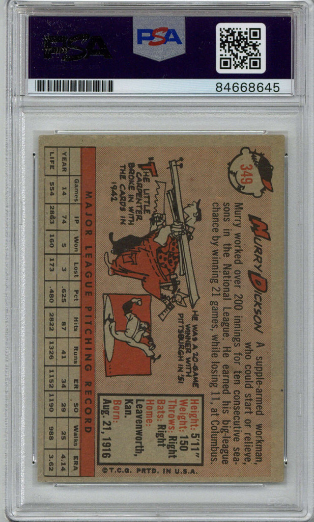 1958 Topps 349 Murry Dickson Signed Auto PSA/DNA Athletics