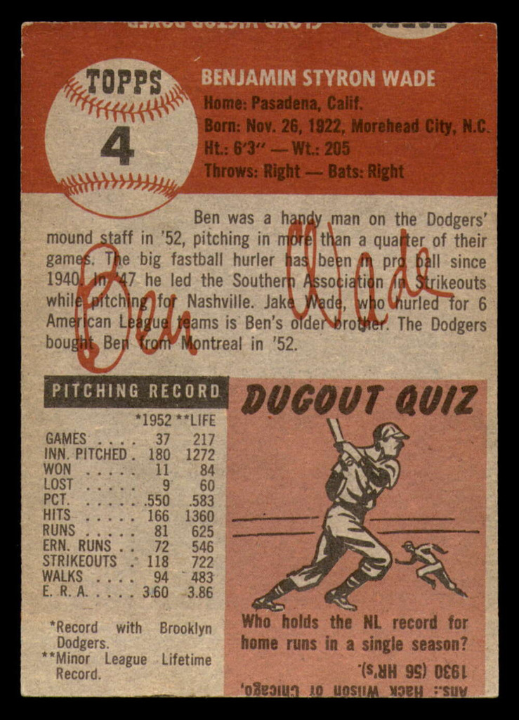 1953 Topps #4 Ben Wade Miscut Dodgers  ID:388350