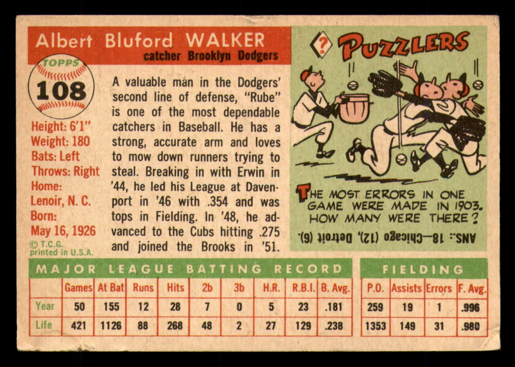 1955 Topps #108 Rube Walker Very Good  ID: 388447