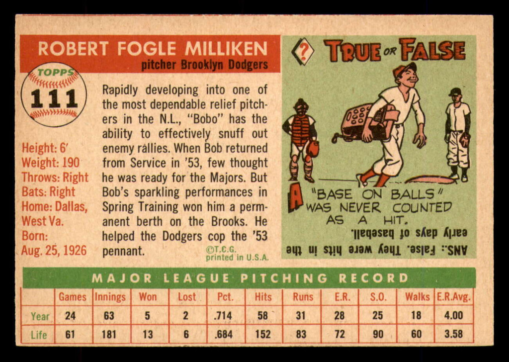 1955 Topps #111 Bob Milliken Excellent 