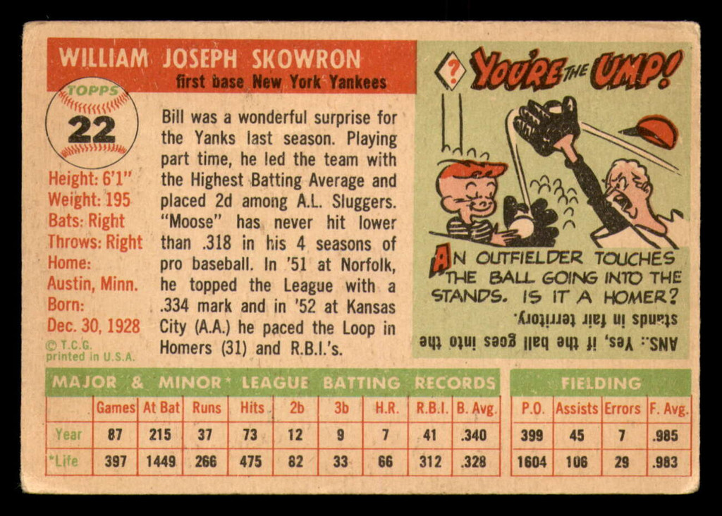 1955 Topps #22 Bill Skowron UER G-VG 