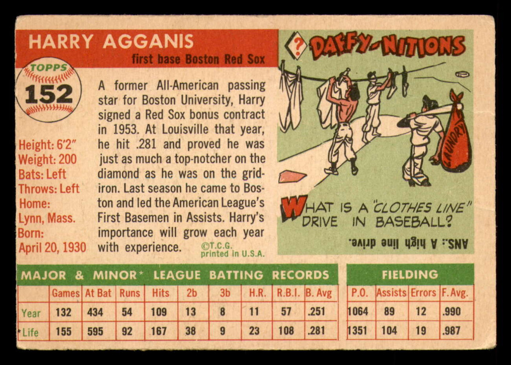 1955 Topps #152 Harry Agganis Very Good RC Rookie 