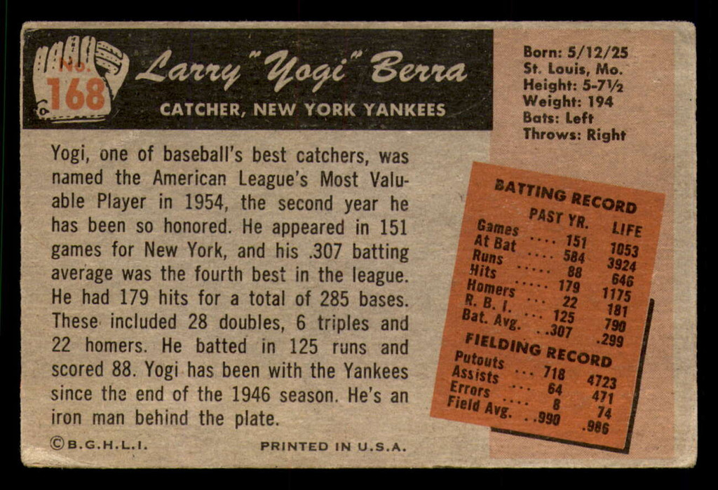 1955 Bowman #168 Yogi Berra Good  ID: 388605