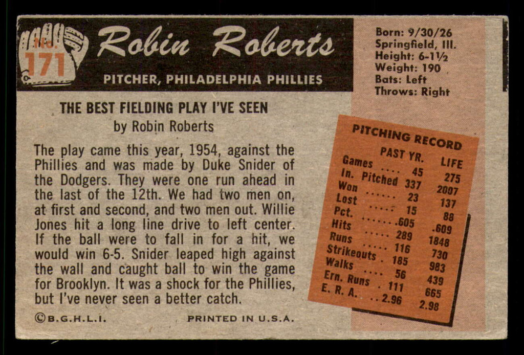 1955 Bowman #171 Robin Roberts Very Good  ID: 388606