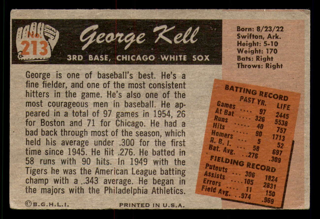 1955 Bowman #213 George Kell G-VG  ID: 388611