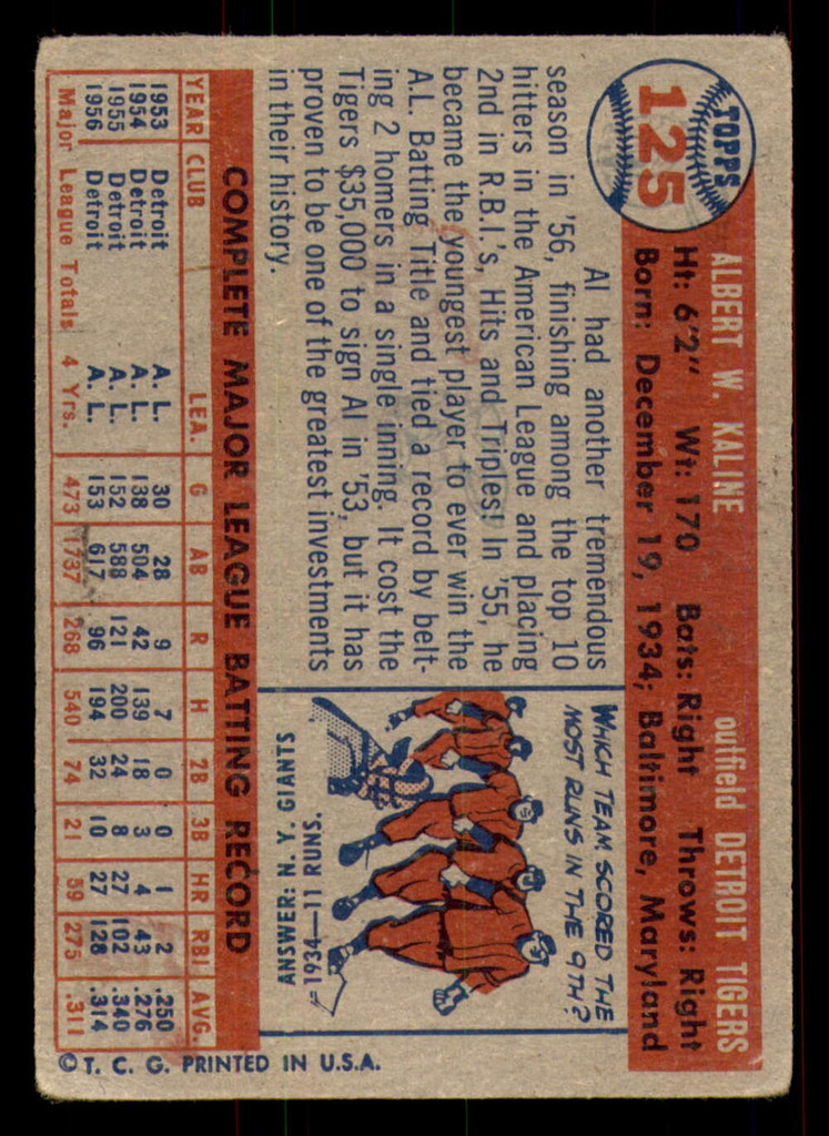 1957 Topps #125 Al Kaline Very Good  ID: 388776