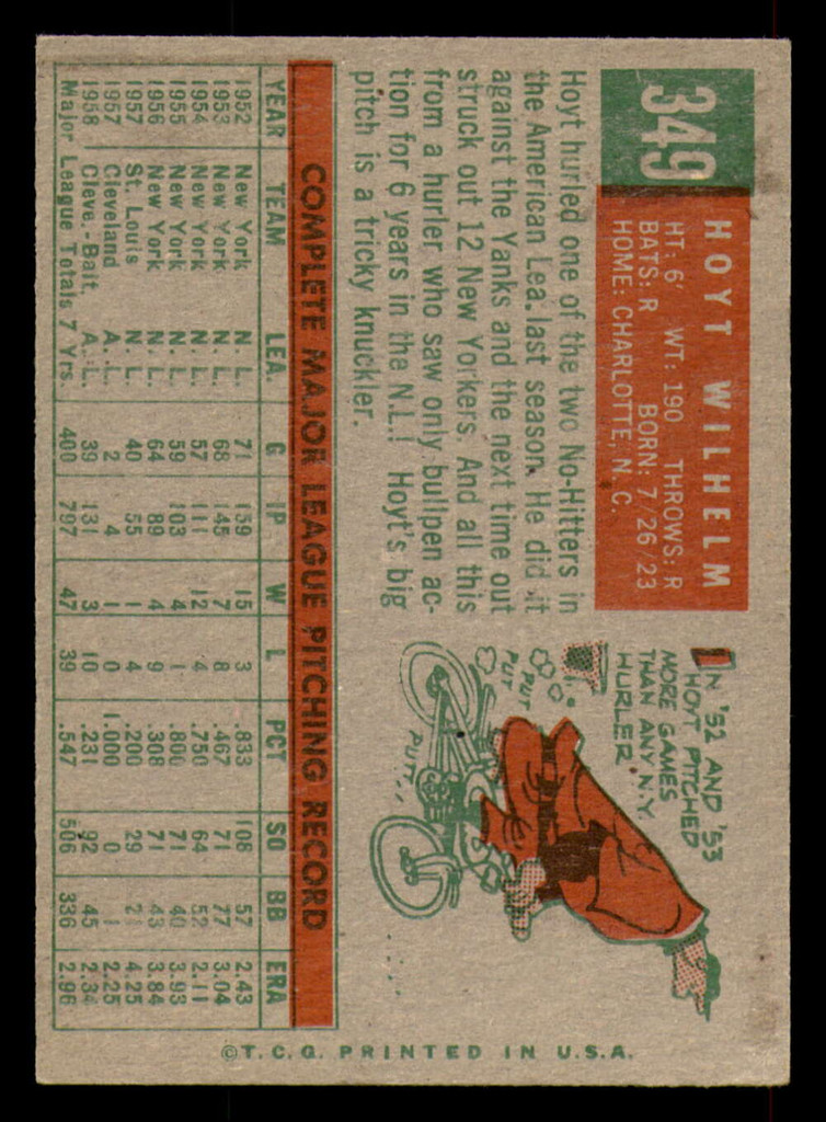 1959 Topps #349 Hoyt Wilhelm UER Excellent+  ID: 388983