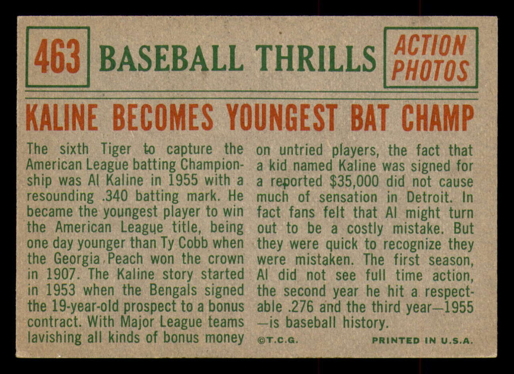 1959 Topps #463 Al Kaline Kaline Becomes Youngest Bat Champ Excellent+  ID: 389001