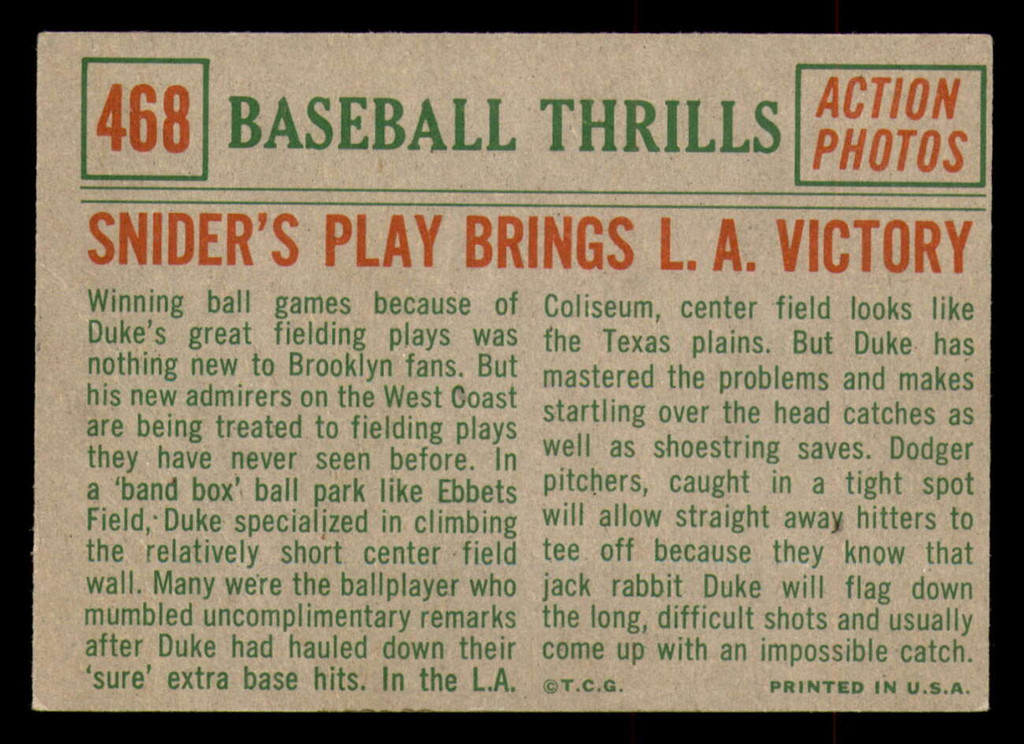 1959 Topps #468 Duke Snider Snider's Play Bring L.A. Victory Very Good  ID: 389007