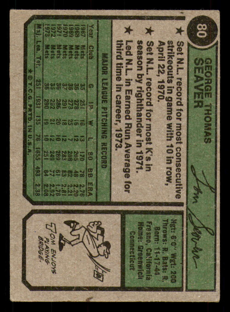 1974 Topps #80 Tom Seaver Very Good  ID: 390068