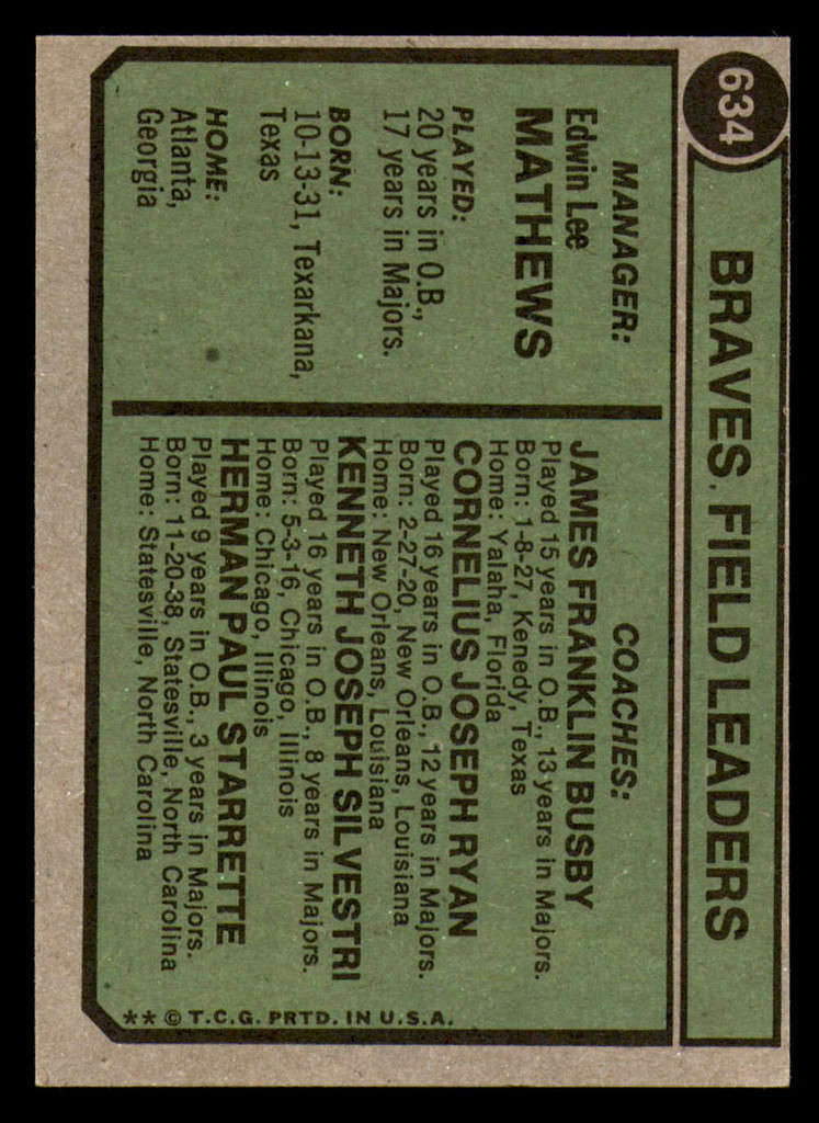 1974 Topps #634 Eddie Mathews MG Near Mint  ID: 390101