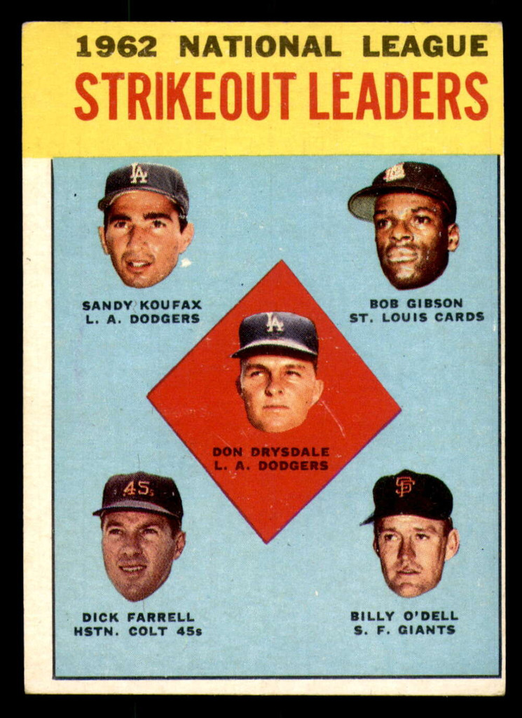 1963 Topps #9 Drysdale/Koufax/Gibson/Farrell/'Dell NL Strikeout Leaders VG-EX 