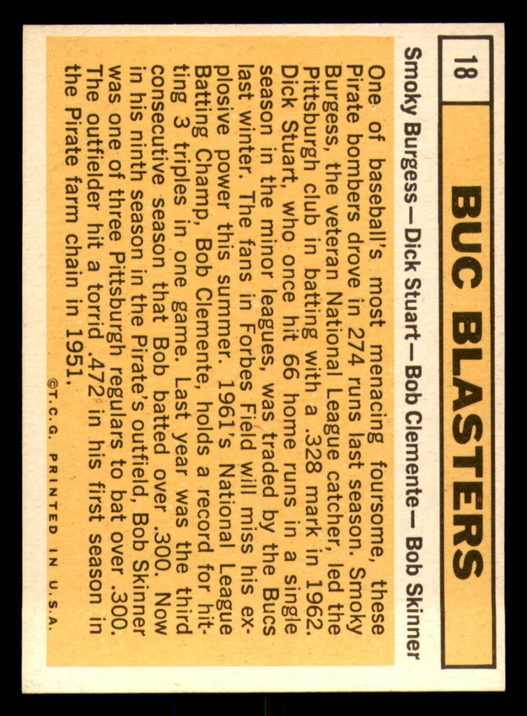 1963 Topps #18 Smoky Burgess/Dick Stuart/Roberto Clemente/Bob Skinner Buc Blasters Excellent+  ID: 390160