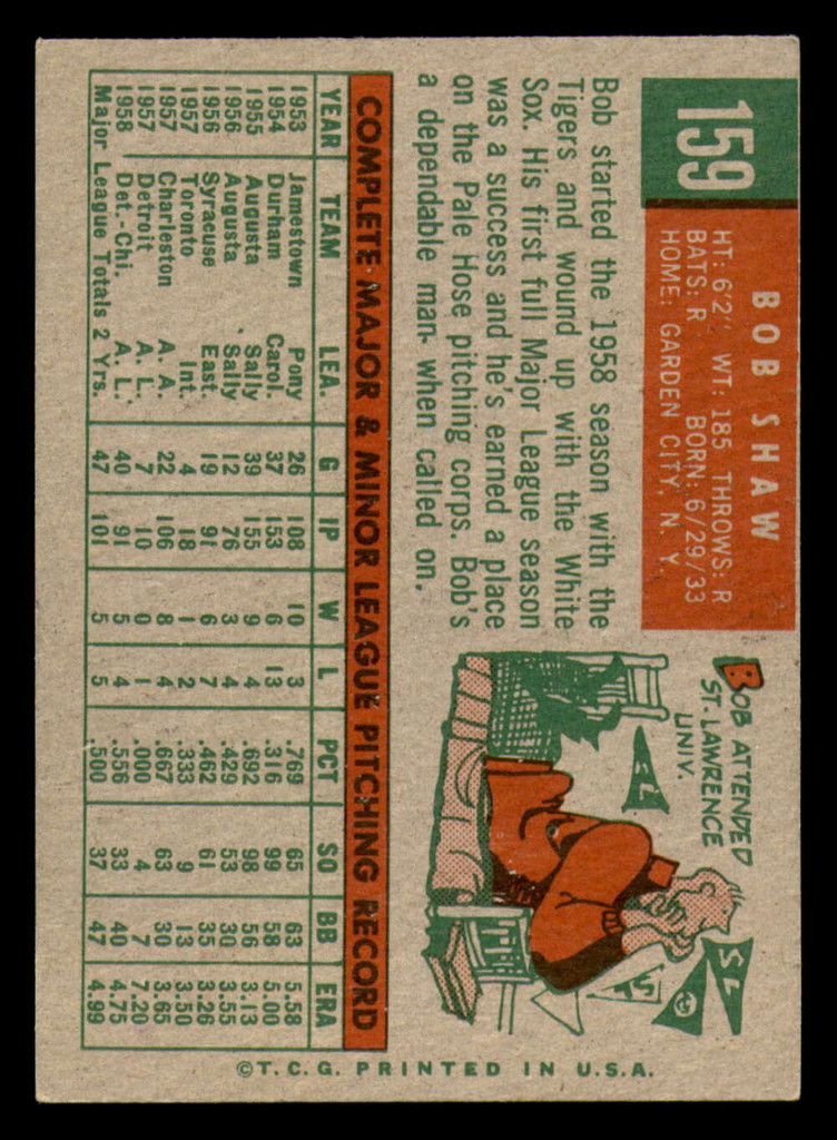 1959 Topps #159 Bob Shaw Miscut White Sox ID:390442