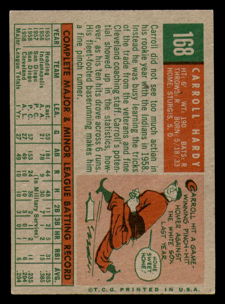 1959 Topps #168 Carroll Hardy Excellent+  ID: 390453