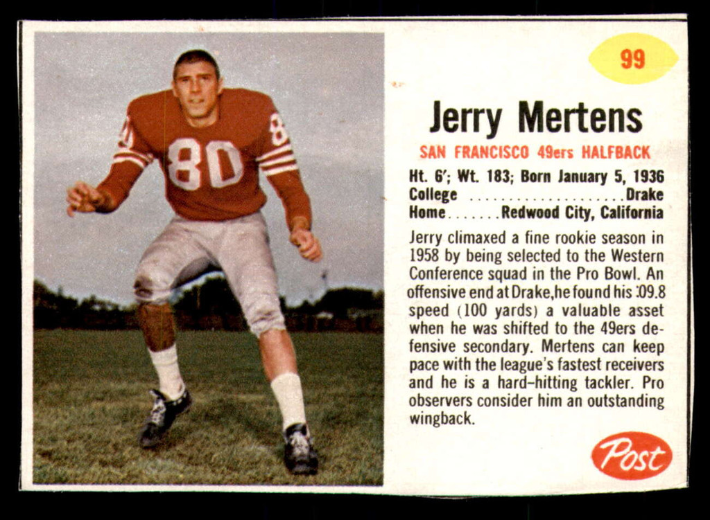 1962 Post Cereal #99 Jerry Mertens No Crease Hand Cut 49ers ID:391417