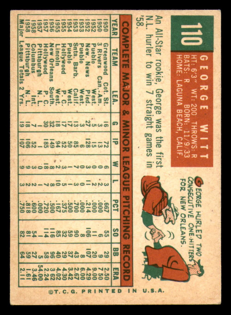1959 Topps #110 George Witt Excellent+ RC Rookie  ID: 391679