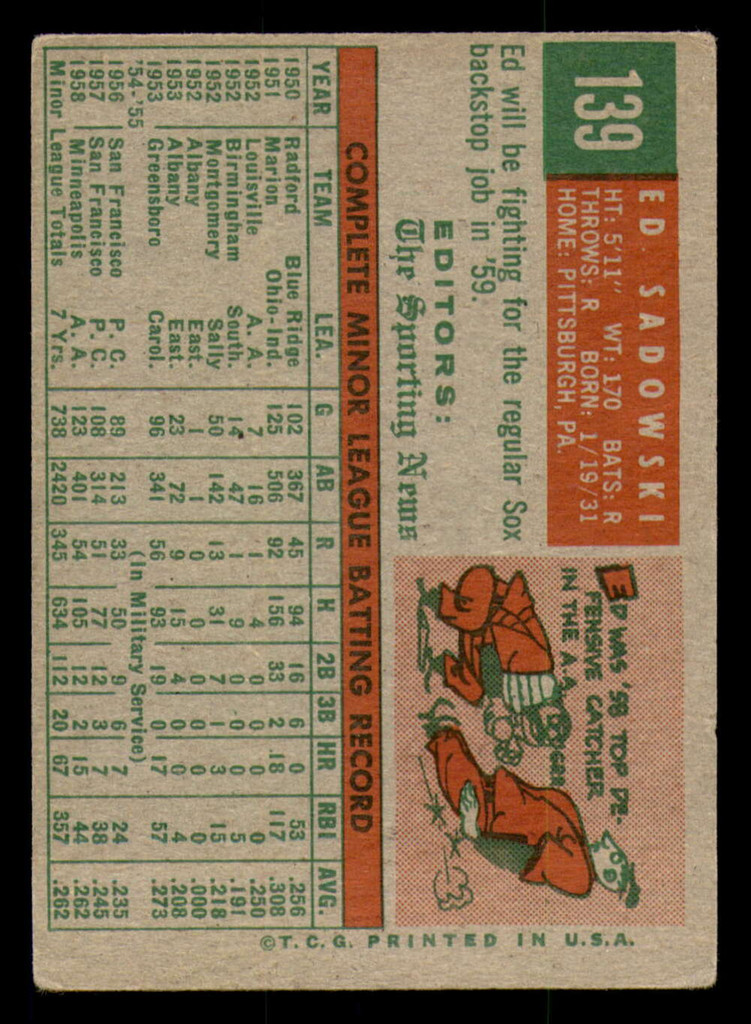 1959 Topps #139 Ed Sadowski Very Good RC Rookie  ID: 391708