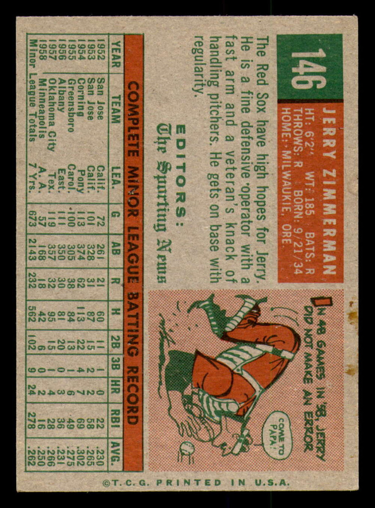 1959 Topps #146 Jerry Zimmerman Excellent RC Rookie  ID: 391715