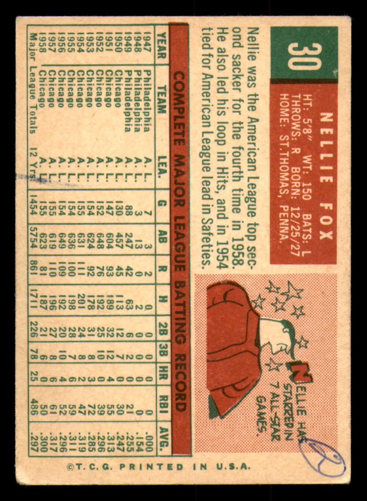 1959 Topps #30 Nellie Fox Writing on Back White Sox ID:392055