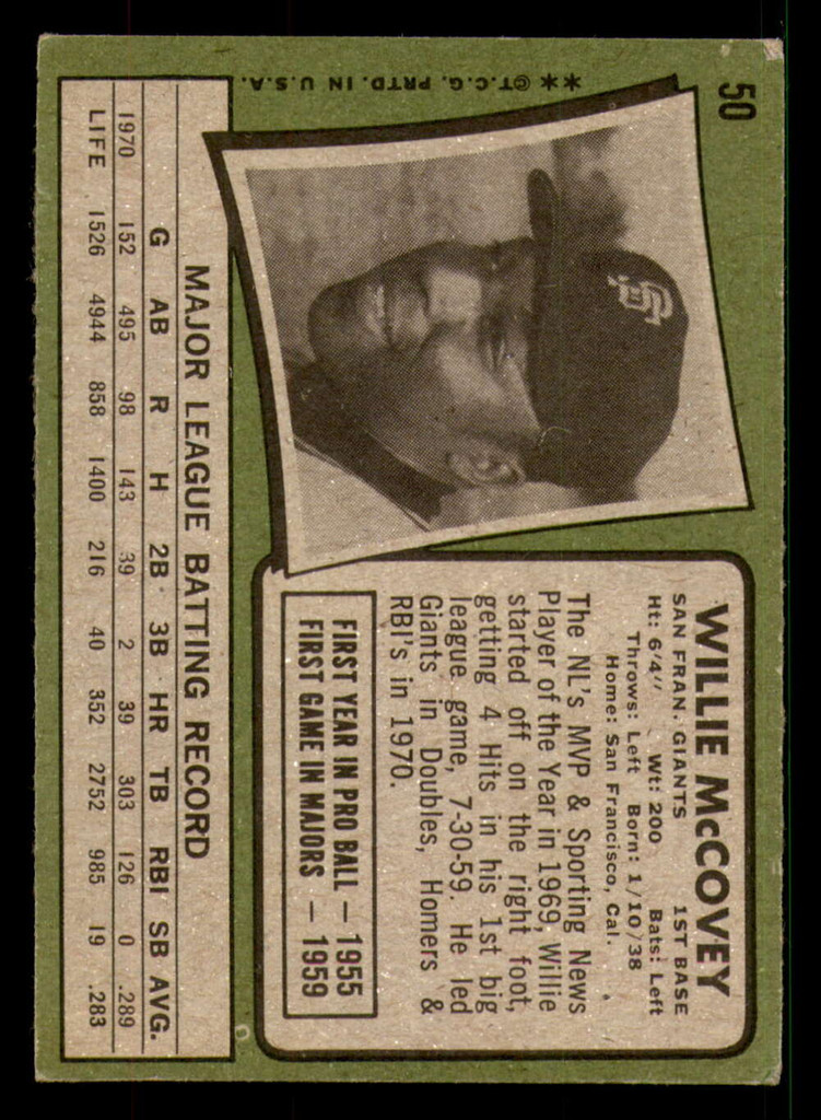 1971 Topps #50 Willie McCovey Very Good  ID: 392598