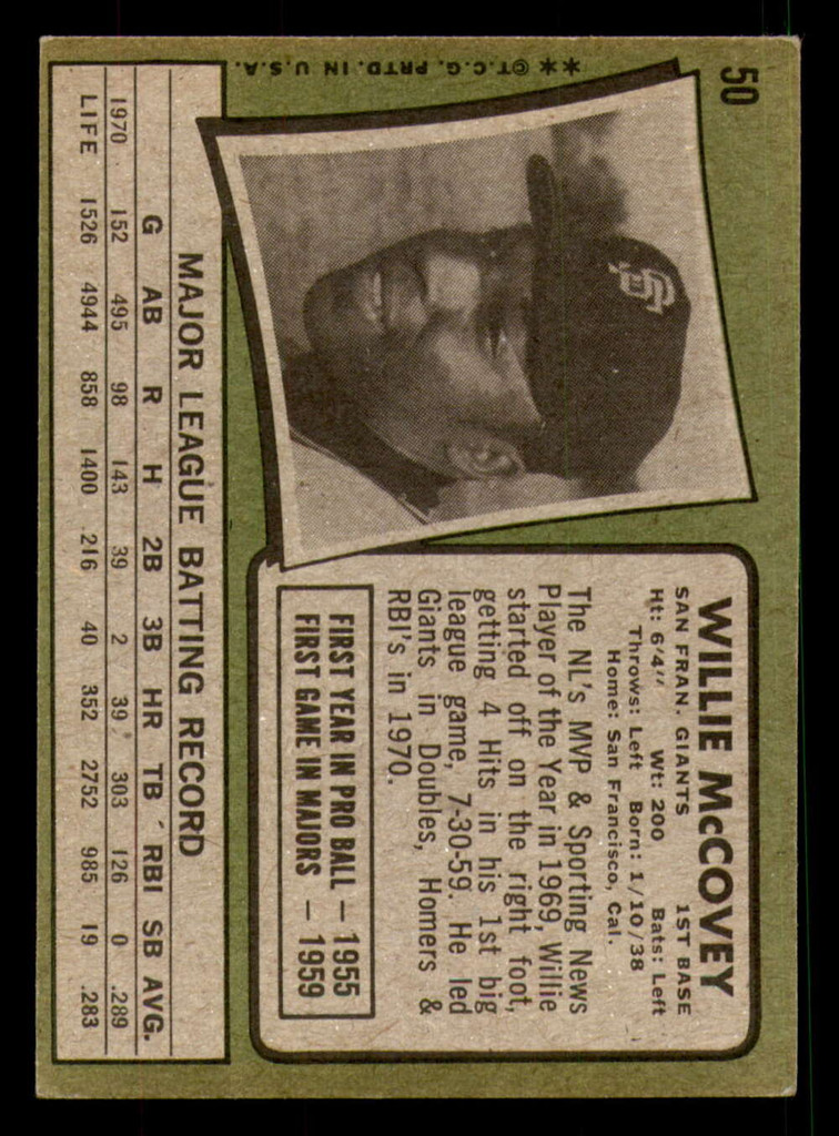 1971 Topps #50 Willie McCovey Very Good  ID: 392599