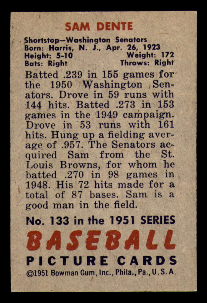 1951 Bowman #133 Sam Dente Excellent+ 