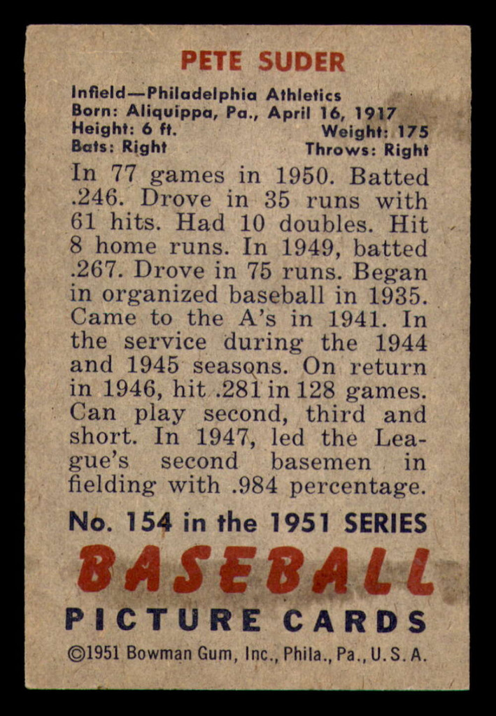 1951 Bowman #154 Pete Suder Excellent+ 