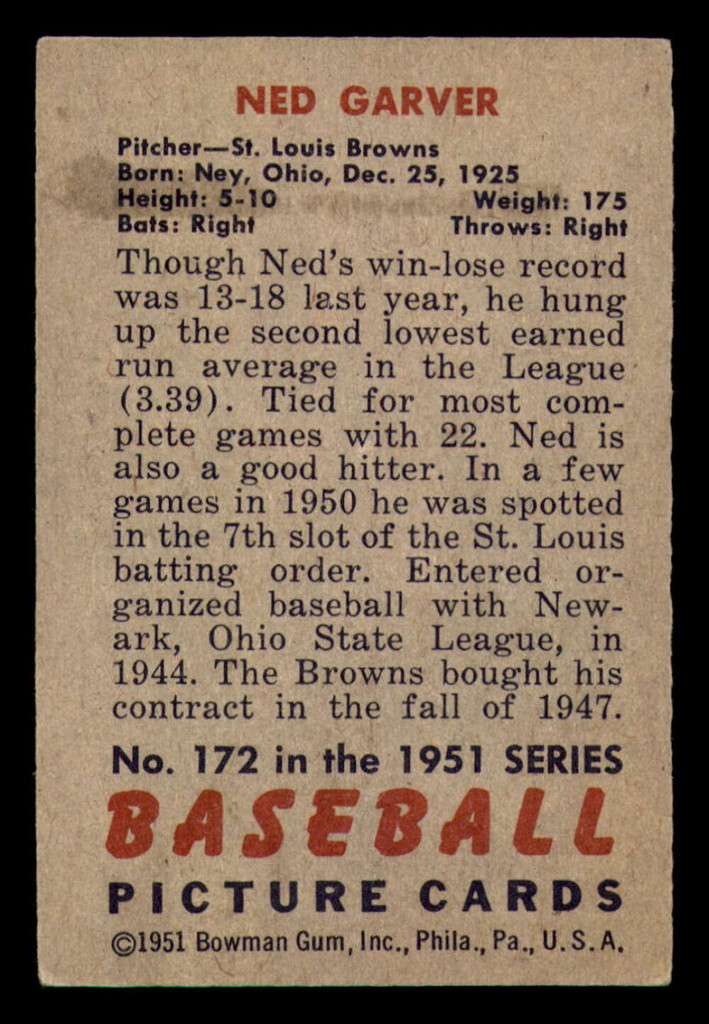 1951 Bowman #172 Ned Garver Excellent 